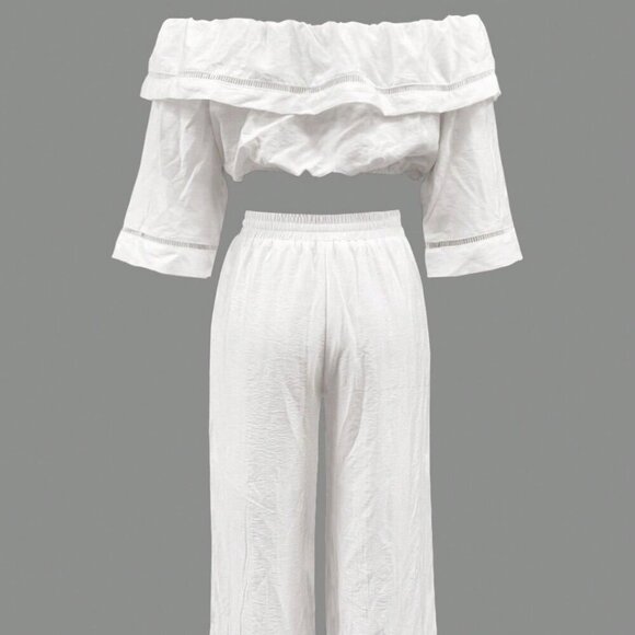 White Casual Women's Off-The-Shoulder Crop Top & Pants set - Picture 2 of 5